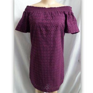 * "ANN TAYLOR" PLUM EYELET OFF-SHOULDER BOHEMIAN SHIFT DRESS SIZE: L NWT